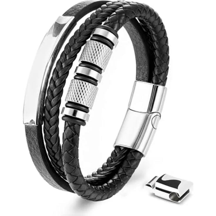 Fantocemea Herren-Lederarmband, geflochten mit Edelstahl-Magnetschließe, 19 cm (erweiterbar auf 20,5 cm), atmungsaktiv und schweißabsorbierend, Geschenkset für Geburtstag und Valentinstag – Bild 1