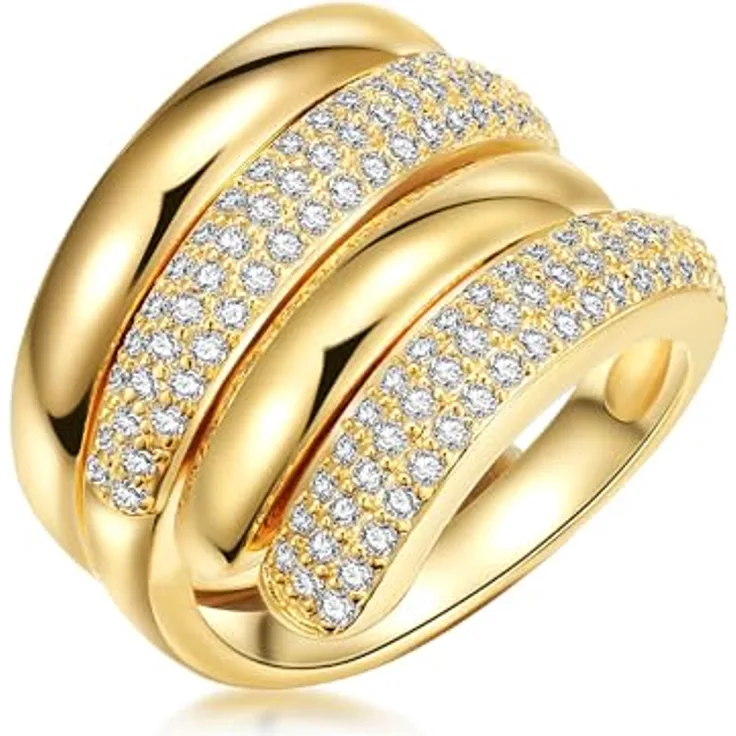 Lulu & Jane Damen Ring aus Messing, 14 Karat gelbvergoldet, mit facettiertem Zirkonia, 7,0 mm breit