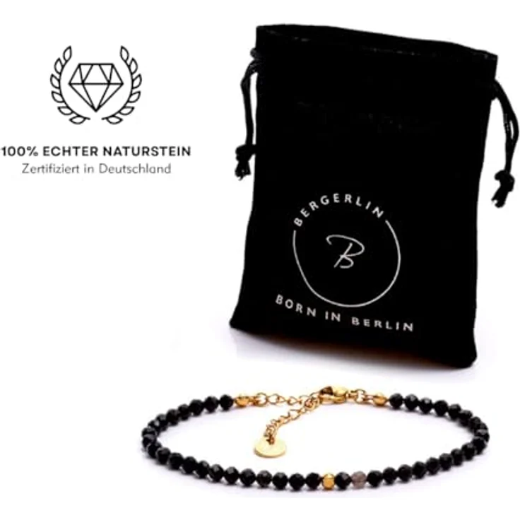 BERGERLIN Obsidian Armband schwarz mit vergoldeter Perle – facettiertes Damen-Armband mit verstellbarem Verschluss – Größe XS-S – Bild 2