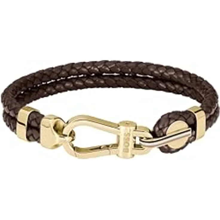 BOSS Jewelry Armband ARES PRIME, Herren-Armband aus braunem geflochtenem Leder mit goldfarbenem Edelstahlkarabiner, 190 mm Umfang