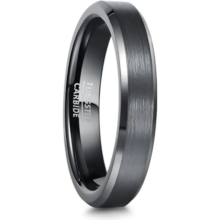 083BASE 083BASE Unisex Wolfram Ring Schwarz/Silberblau, Gebürstetes Metall-Design mit Schrägen Kanten, 4mm/6mm/8mm Breite, Allergikerfreundlich, Geschenkbox inklusive