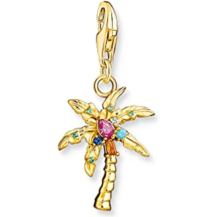 THOMAS SABO Charm-Anhänger bunte Palme aus 925er Sterlingsilber mit 750er Gelbgold-Vergoldung, 29 x 14 mm, farbige Steine