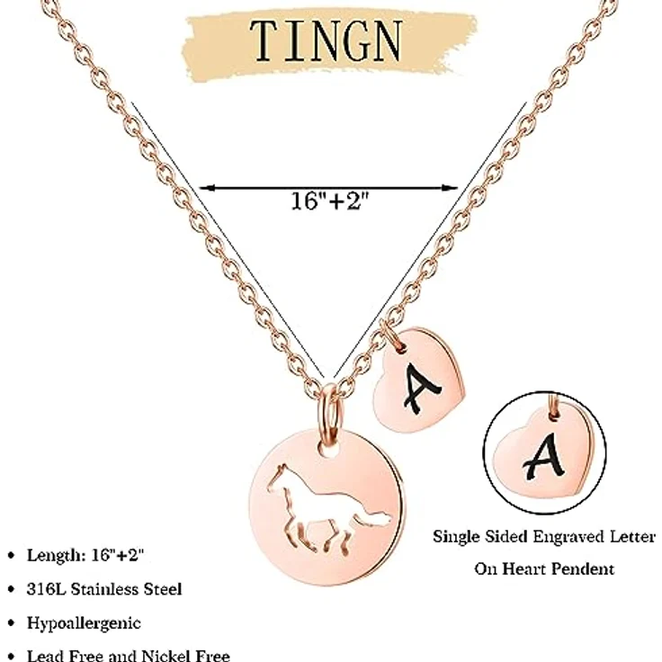 TINGN Pferde Kette Herz Buchstaben, Edelstahl Kette mit Buchstaben V, 16 Zoll mit Verlängerung, personalisierbar für Mädchen und Teenager Pferdeliebhaber Schmuck – Bild 2