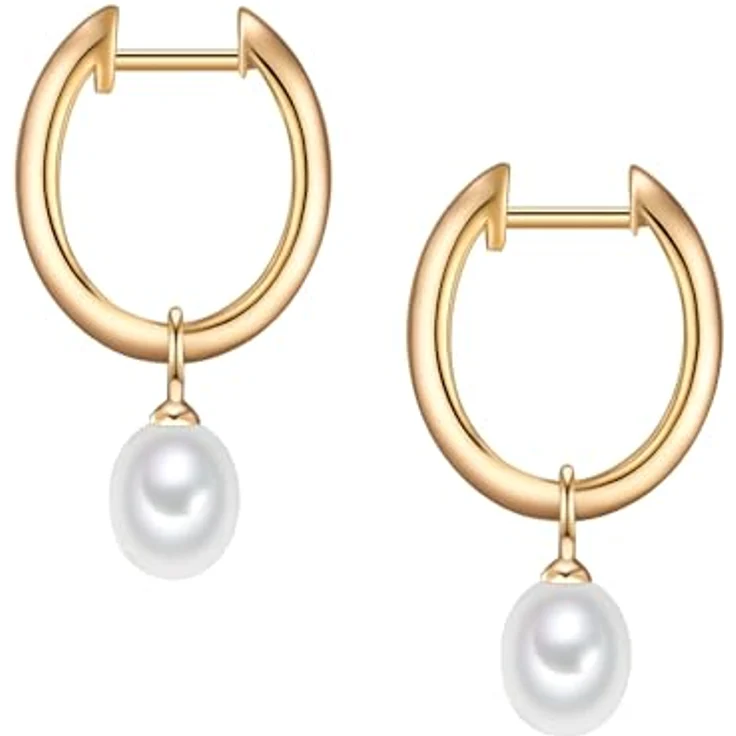 Valero Pearls Damen-Creolen 925er Sterling Silber gelbvergoldet mit weißen Süßwasser-Zuchtperlen, Ohrhänger im Glamour-Design – Bild 3