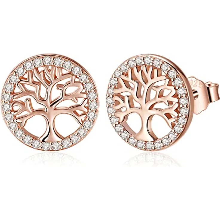 Jrêveinfini Lebensbaum Ohrringe, Rosegold 925 Silber Stecker, hypoallergen, nickelfrei, Ø 12 mm, Modeschmuck für Damen, Geschenkbox, Muttertag Weihnachten