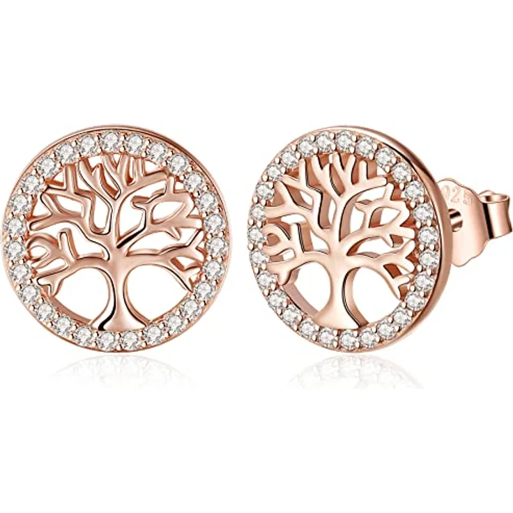 Jrêveinfini Lebensbaum Ohrringe, Rosegold 925 Silber Stecker, hypoallergen, nickelfrei, Ø 12 mm, Modeschmuck für Damen, Geschenkbox, Muttertag Weihnachten – Bild 1