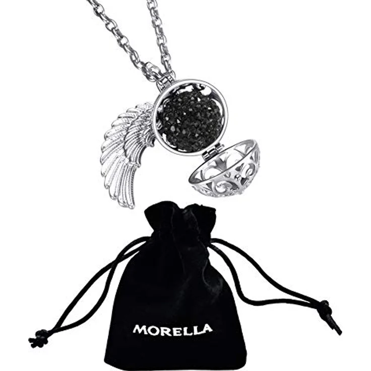 Morella Damen Schutzengel Halskette Edelstahl 70 cm mit Engelsflügel-Anhänger und schwarzer Klangkugel Ø 16 mm, Zirkonia, in Schmuckbeutel – Bild 3