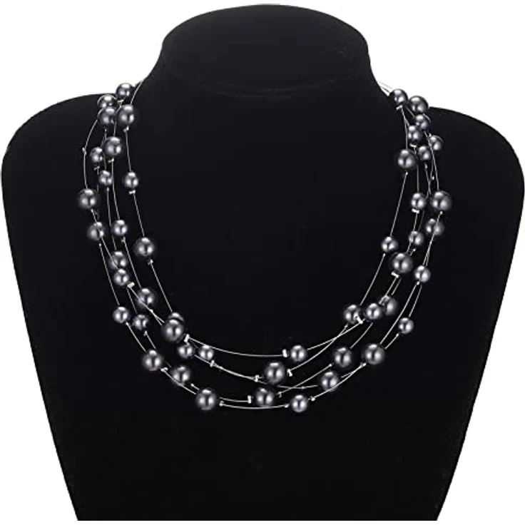 FULU AUTUMN Boho Perlenkette Damen Mehrreihig, Silber Statement Kette, 17" mit 2.7in Zugkettenverlängerung, Dark Grey – Bild 2
