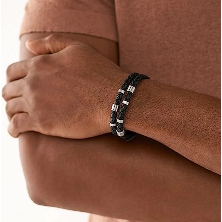 Fossil Herren-Armband Leather Essentials, Schwarzes Lederarmband, Länge: 256mm, Breite: 13.7mm, JF04473040, Edelstahlverschluss, Silberfarben, Poliert – Bild 2