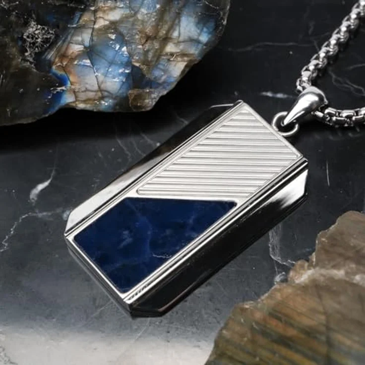 HOLZKERN Herren-Halskette Dog Tag Anhänger aus Edelstahl 316L mit Sodalith-Einlage, 55 cm, Silberfarben, modisch und anpassbar – Bild 4