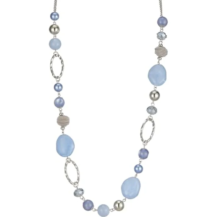 Bulinlin Lange Silber Perlenkette für Damen, Boho Statement Halskette aus Harz- und Metallperlen, 35+3 Zoll, Light Blue – Bild 1
