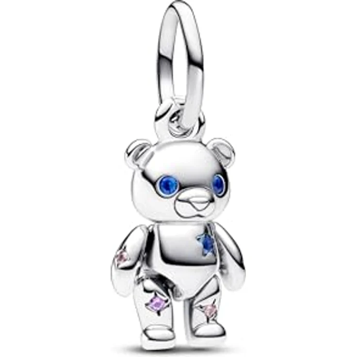 PANDORA Moments Beweglicher Baby-Teddybär Charm-Anhänger aus Sterling Silber mit blauem Kristall, kompatibel mit Moments Armbändern, 792986C01 – Bild 1