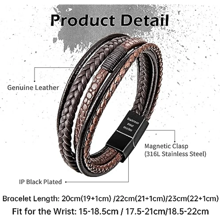 Speroto Lederarmband für Männer, geflochten aus Rindsleder und Edelstahl, braun, 23 cm mit Magnetverschluss – Bild 5
