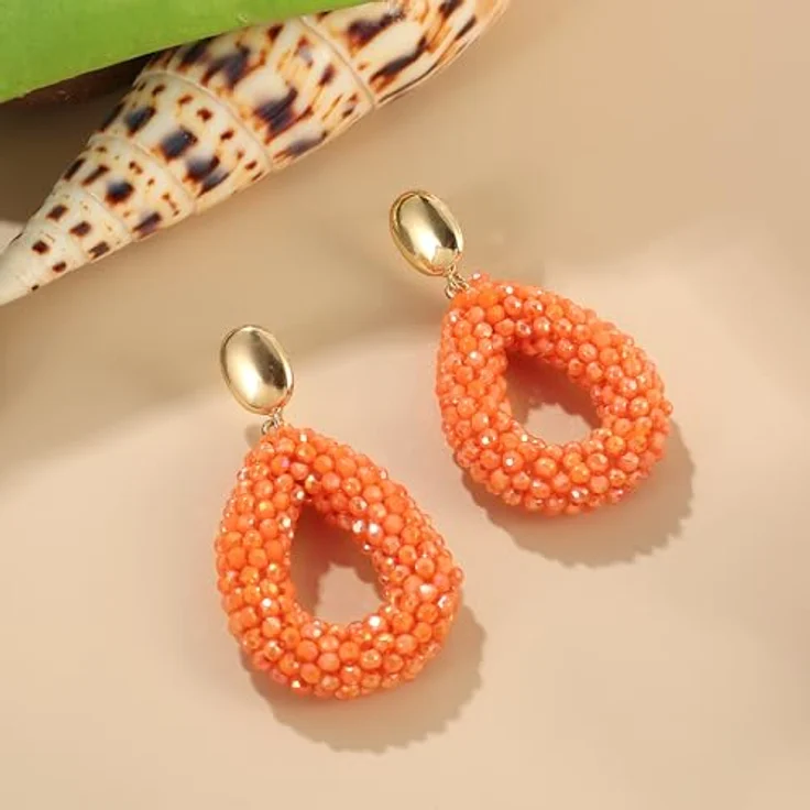 ROISE LADY Orange Boho Ohrringe hängend, leichter modischer Schmuck aus Reisperlen, tropfenförmig, eleganter Hingucker für Damen – Bild 5