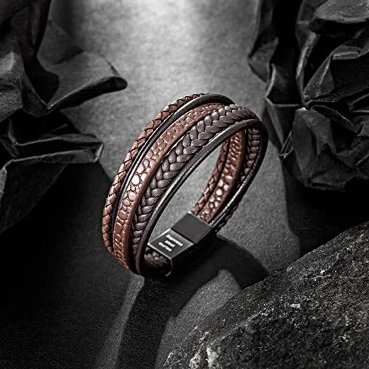 Speroto Lederarmband für Herren, geflochtenes Armband aus echtem Rindsleder und Edelstahl, braun, 23 cm – Bild 2