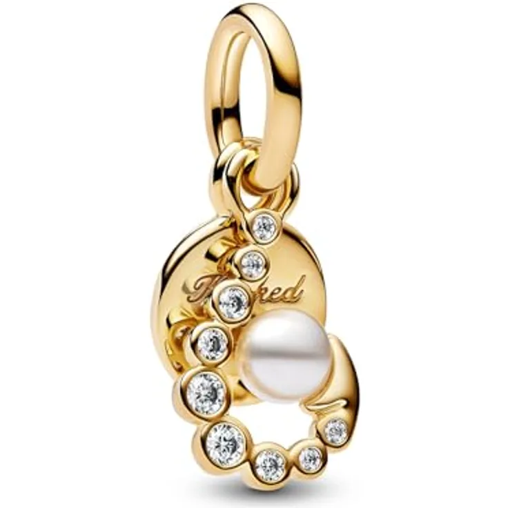 Pandora Moments Sonnenaufgang Medaillon Charm, 14 Karat vergoldetes Sterling Silber mit Zirkonia und Kunstperle, kompatibel mit ME und Moments Anhängern, 763891C01