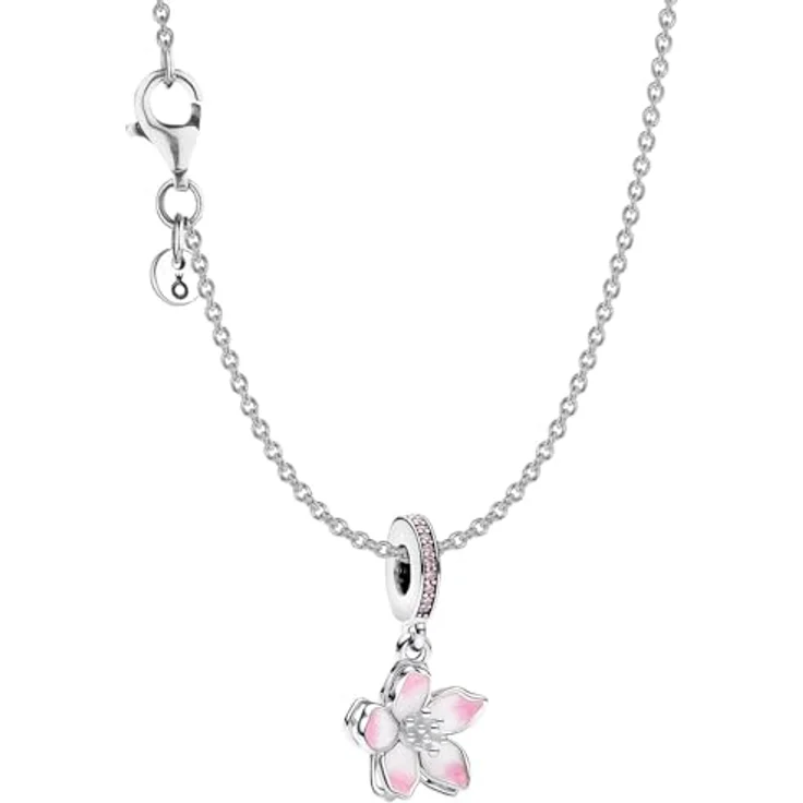 PANDORA Damen-Halskette Silber Geschenkset Kirschblüte 68304, Ankerkette mit Zirkonia und Karabinerverschluss, Blumenmotiv – Bild 1