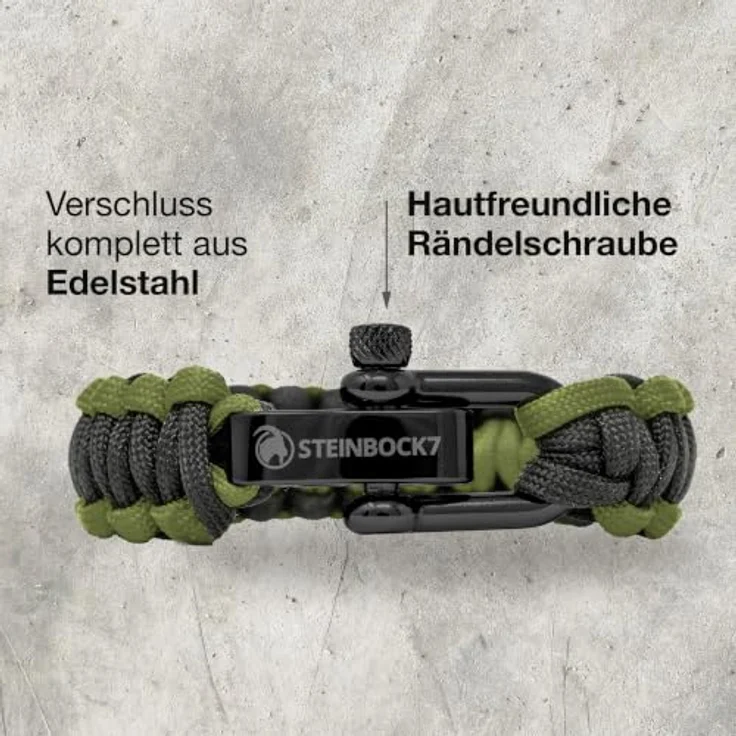 Steinbock7 Survival Armband Paracord, Robustes Bushcraft Armband mit Edelstahlverschluss, Verstellbar für Camping und Trekking, schwarz-grün – Bild 4
