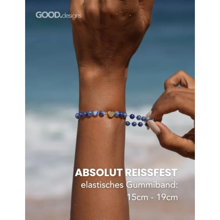 GD GOOD.designs Edelstein Lapislazuli Armband mit 18K vergoldetem Edelstahl Herz | Wasserfestes Perlenarmband mit 6 mm Naturstein Perlen | Elastisch 15–19 cm | Inkl. Schmuckbeutel – Bild 4