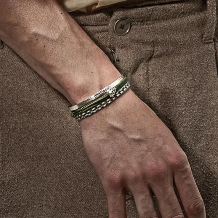 Nato Cuff Geflochtenes Baumwollarmband, Handgefertigt in Frankreich, Edelstahlmedaille 316L, Verstellbar für Herren und Damen, Kaki – Bild 2