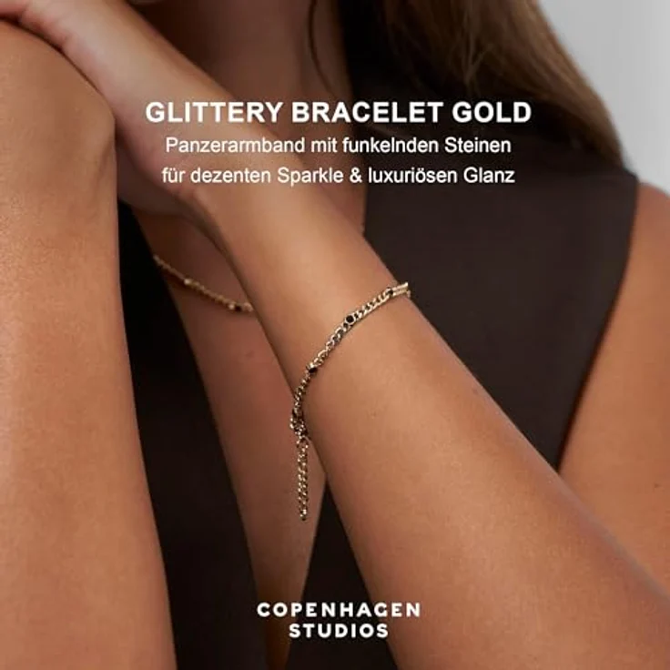 Copenhagen STUDIOS Glittery Armband, Damenarmband aus 14K vergoldetem Edelstahl mit schwarzen Strasssteinen, verstellbare Länge, wasserfest, gold – Bild 2