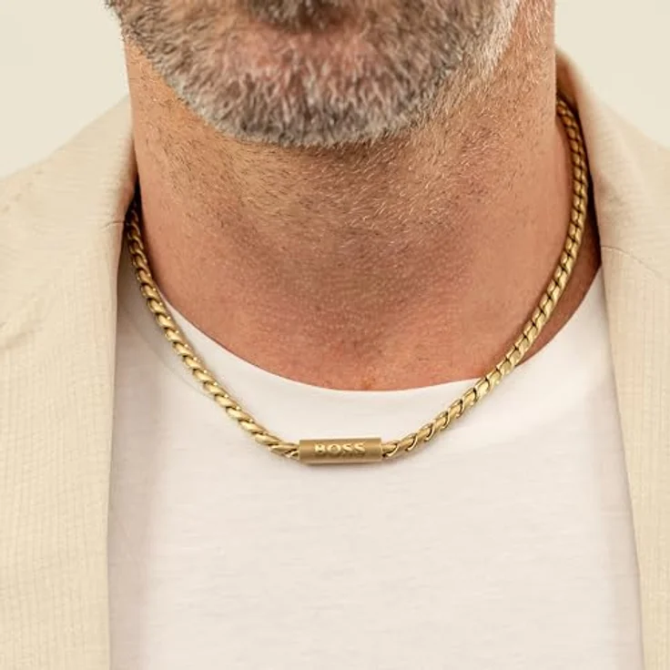 BOSS Doran Herren Gliederhalskette aus Gelbgold, geflochtenes Design mit gravierter Plakette, 558 mm, magnetischer Kugelverschluss – Bild 5