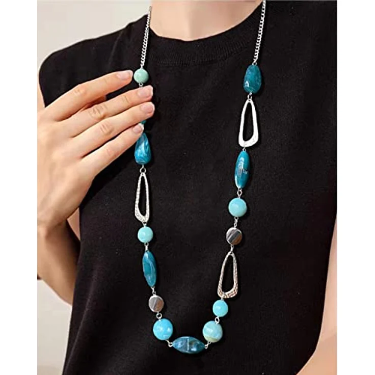 FULU AUTUMN Lange Perlenkette Damen Boho Statement Schmuck, 35 Zoll in Sea Green, handgefertigt aus Glas und Kristall, hypoallergen – Bild 4