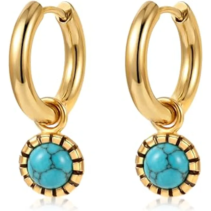 ROISE LADY Gold Damen Ohrringe, Edelstahl vergoldet, klein mit türkisem Edelstein, dünne Creolen