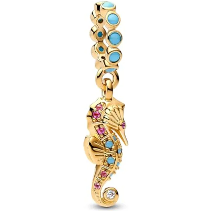 Pandora Moments Seepferdchen Charm-Anhänger, 14 Karat vergoldetes Sterling Silber mit Zirkonia und Kristall, kompatibel mit ME und Moments Kollektion, 763895C01