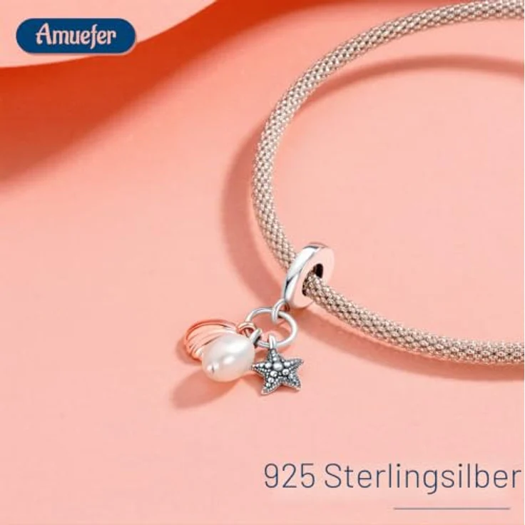 Amuefer Pearl Starfish Shell Charm, 925 Sterling Silber mit Zirkonia, für Armbänder und Halsketten – Bild 2