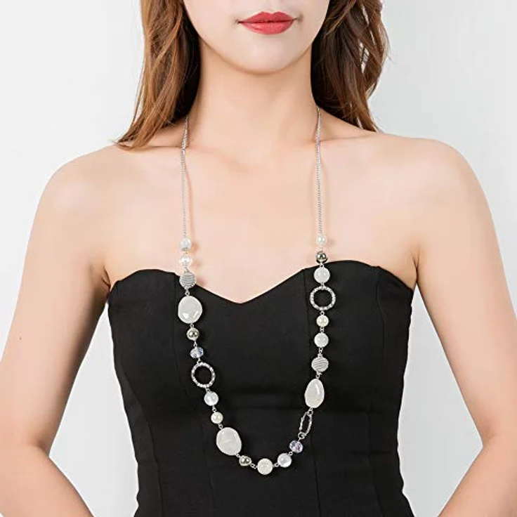 Bulinlin Damen Lange Perlenkette mit Silber-Metallkette und Harzperlen, Boho Stil, 35 Zoll+3 Zoll verlängerbar, Weiß – Bild 3
