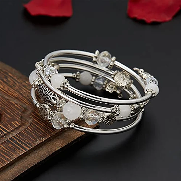 FULU AUTUMN Damen Boho Armband, mehrschichtiges Perlen Silber Wickelarmband aus Legierung, mit Geschenkbox, weiß – Bild 2