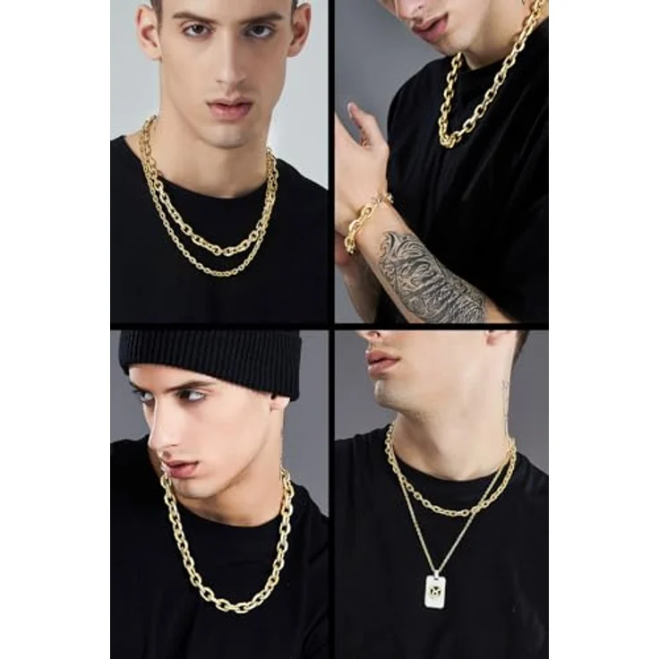 ChainsHouse Vergoldete Rolo Kette für Herren, 76cm lange Edelstahl Ankerkette, 5mm goldene Gliederkette ohne Anhänger, Punk Halsschmuck – Bild 2