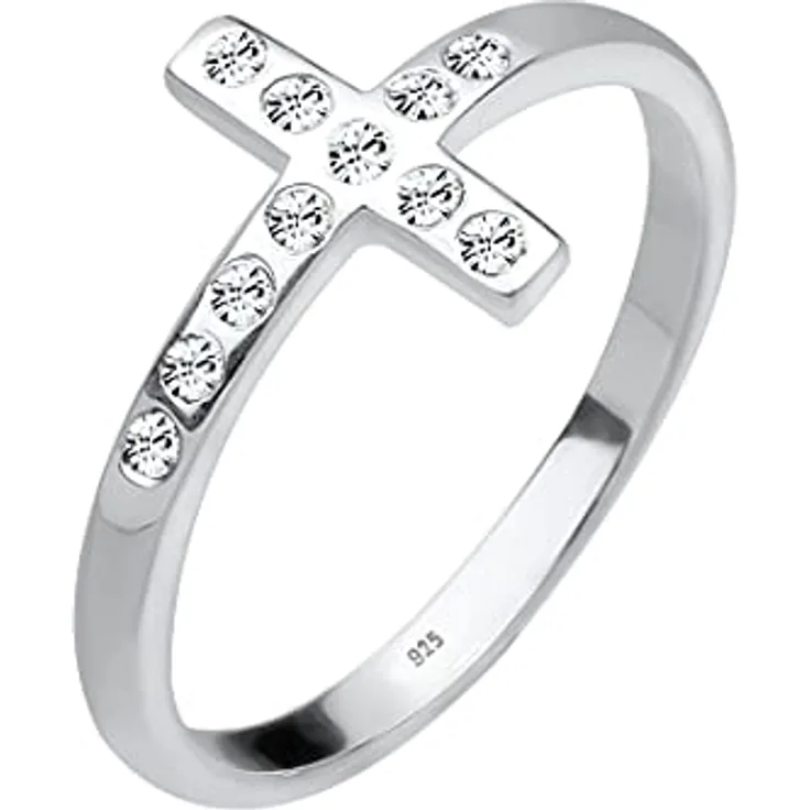 Elli Damenring Blogger Kreuz, 925 Sterling Silber mit Kristallen, handgefertigt, anlaufgeschützt, hochglanzpoliert