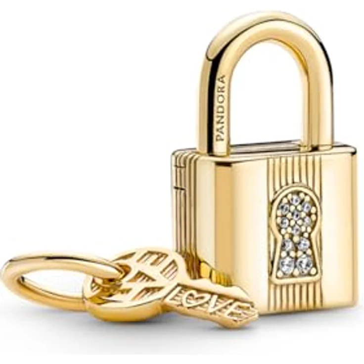 Pandora Charm Schlüssel SHINE-760088C01, vergoldet mit Zirkonia, Vorhängeschloss und Schlüssel, 19,7 mm hoch – Bild 1