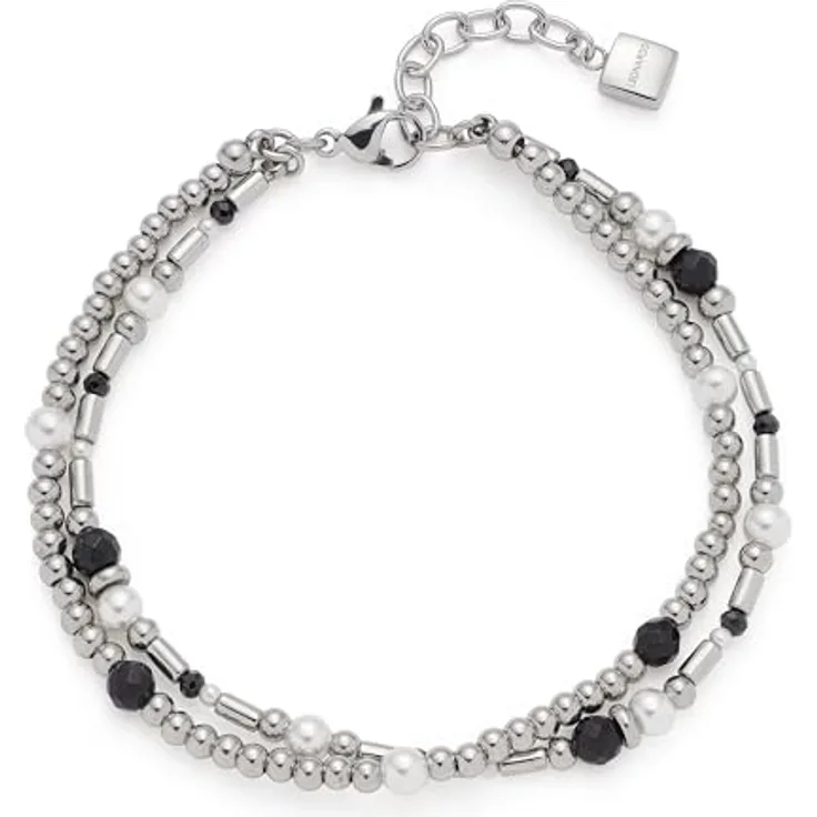 JEWELS BY LEONARDO Armband Sabine, doppelreihiger Arm-Schmuck aus silberfarbenem Edelstahl mit schwarz-weißen Perlen, 18,5-21 cm, allergikerfreundlich, Schmuck Geschenk für Frauen