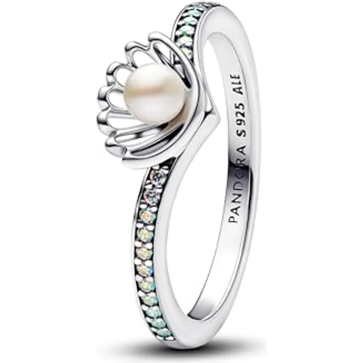 Pandora 193654C01, Damen-Ring Disney Prinzessin Arielle, Muschelform aus 925 Sterlingsilber mit Süßwasser-Zuchtperle und Zirkonia, Gr. 54/17,2