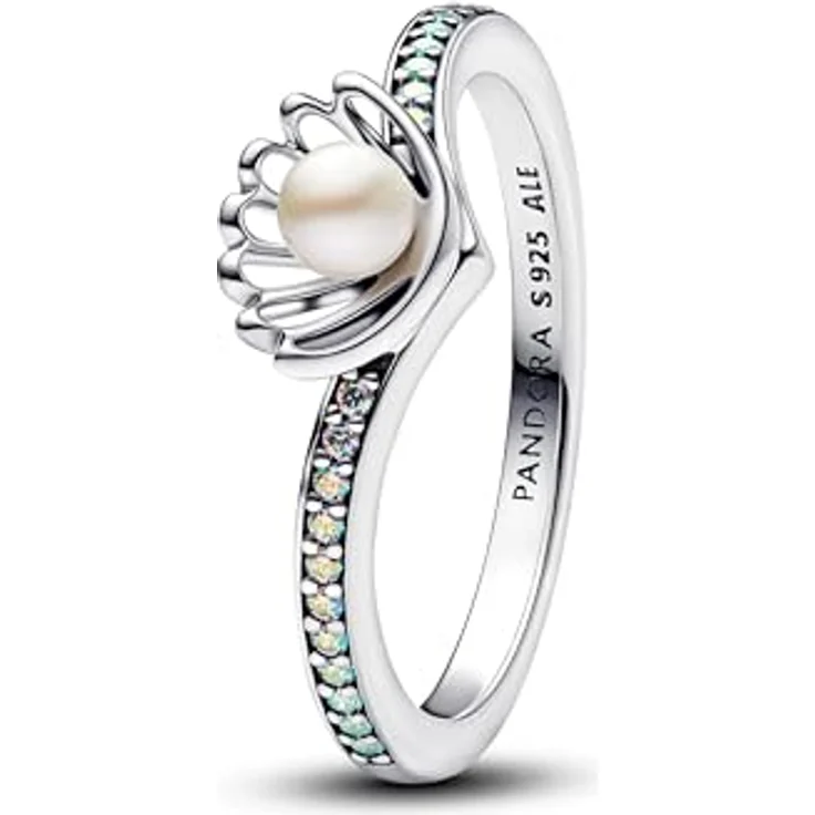 Pandora 193654C01, Damen-Ring Disney Prinzessin Arielle, Muschelform aus 925 Sterlingsilber mit Süßwasser-Zuchtperle und Zirkonia, Gr. 54/17,2 – Bild 1