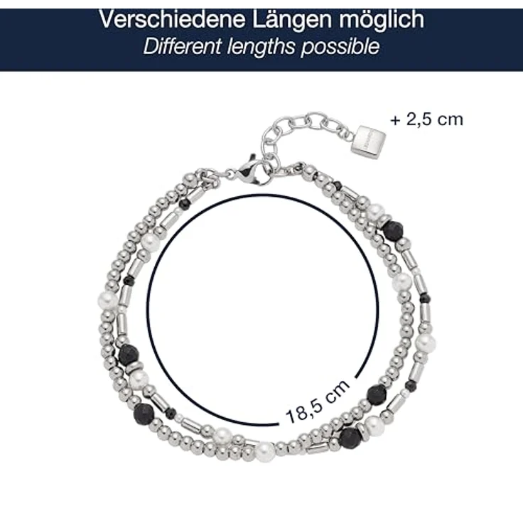 JEWELS BY LEONARDO Armband Sabine, doppelreihiger Arm-Schmuck aus silberfarbenem Edelstahl mit schwarz-weißen Perlen, 18,5-21 cm, allergikerfreundlich, Schmuck Geschenk für Frauen – Bild 2