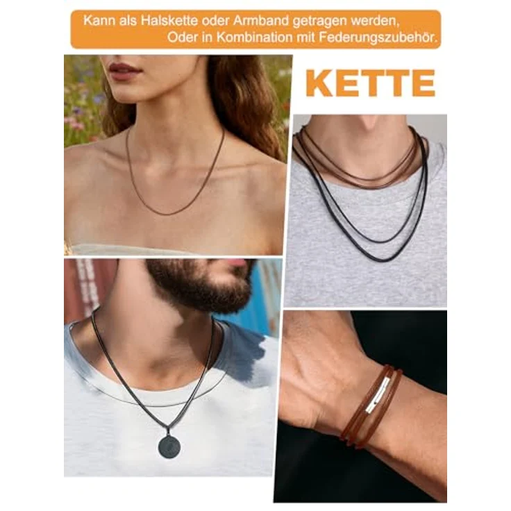 Richsteel Lederkette Herren, Schwarz/Braun, 2/3mm breit, mit 316L Edelstahlverschluss, 40-76cm, zur Personalisierung geeignet, ideal als Männergeschenk – Bild 2