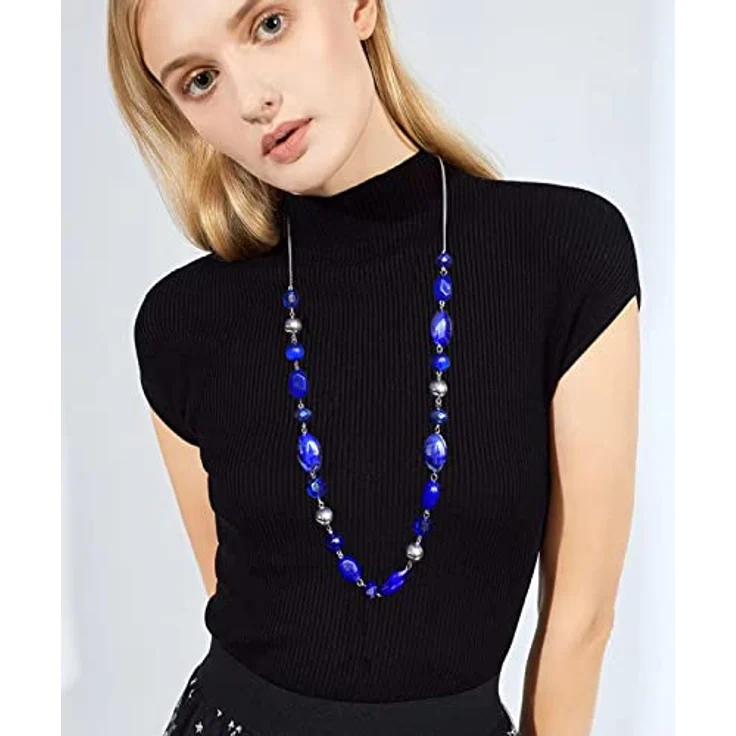 FULU AUTUMN Lange Perlenkette Damen Boho 35 Zoll, Hypoallergen, Handgefertigt, Blau-Saphir – Bild 5
