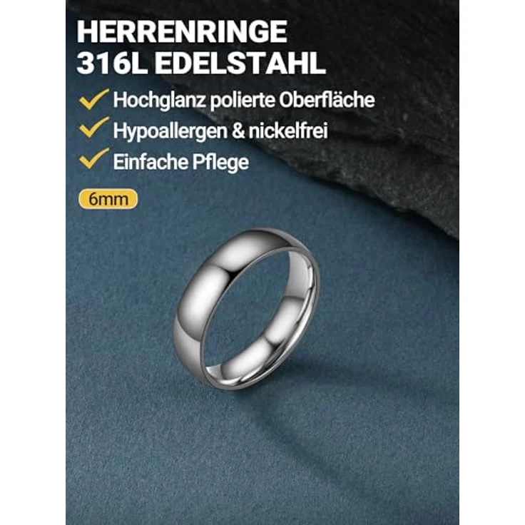 PROSTEEL Damen Bandring Edelstahl 6mm, Größe 52, hochglanzpoliert, Modeschmuck für Freundschafts- und Verlobungsringe – Bild 3