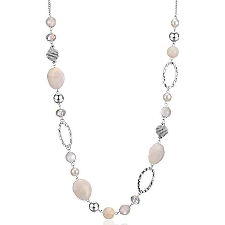Bulinlin Silber Perplen Lange Kette Damen, Boho Statement Chain Halskette, 35+3 Zoll, weiß – Bild 1