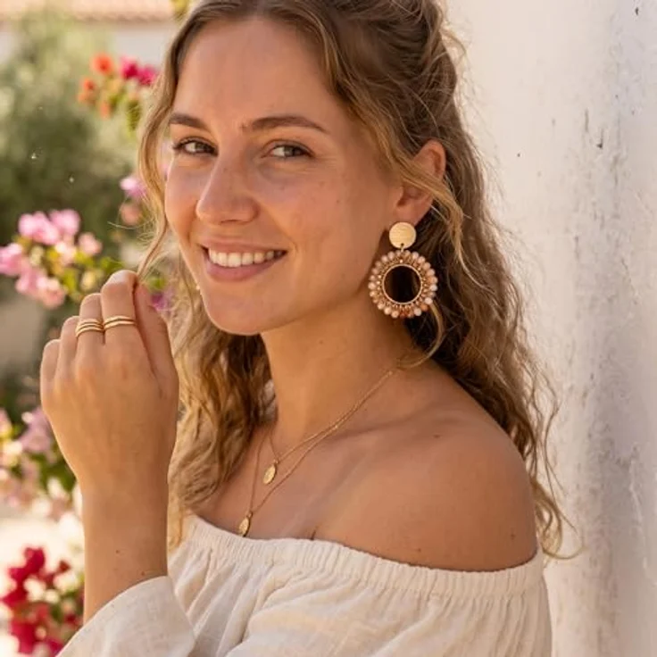 ROISE LADY Beige Boho Damen Ohrringe, Hängend mit Kristallweberei, Leicht und Elegant für Sommer und Partys – Bild 3
