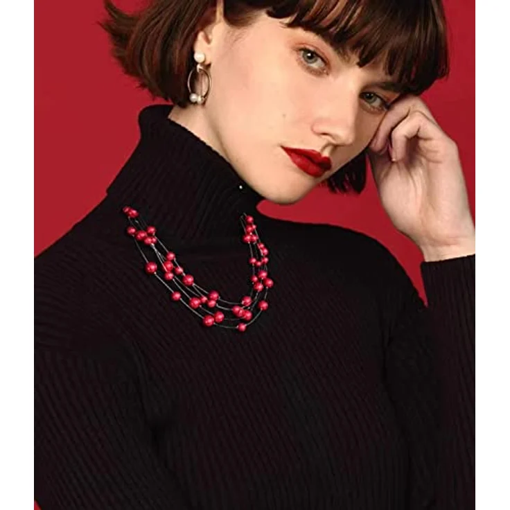 FULU AUTUMN Boho Perlenkette Damen Silber Mehrreihige Statement Kette, Perlen, 17" + 2.7" Verlängerung, rot, Zubehör für Geschenke – Bild 4