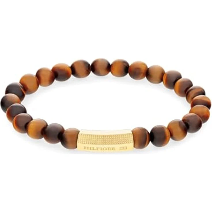 Tommy Hilfiger Jewelry Armband mit Tigeraugenperlen für Herren, Edelstahl-Plakette mit goldener Ionenplattierung, 180 mm Umfang – Bild 1