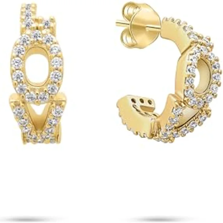Tamaris Damen Creolen TJ-0708-E-22, 925 Silber mit IP Gold, "LOVE" Schrift und Zirkoniasteinen, 1,3 cm, Steckverschluss