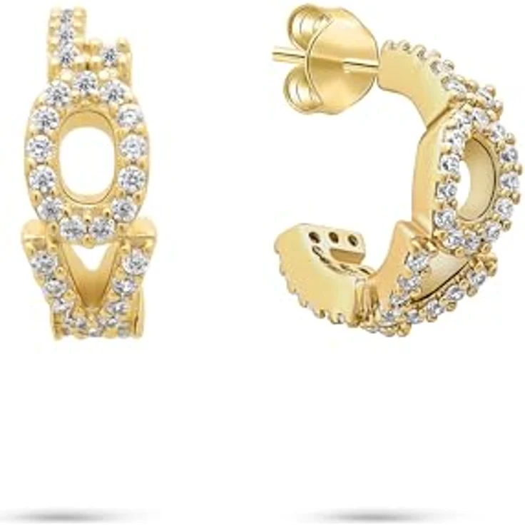 Tamaris Damen Creolen TJ-0708-E-22, 925 Silber mit IP Gold, "LOVE" Schrift und Zirkoniasteinen, 1,3 cm, Steckverschluss – Bild 1