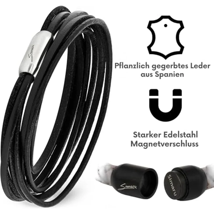 Simaru Designer Lederarmband, Wickelarmband aus pflanzlich gegerbtem Leder mit Edelstahl Magnetverschluss, schwarz, Größe L, Made in Germany – Bild 3