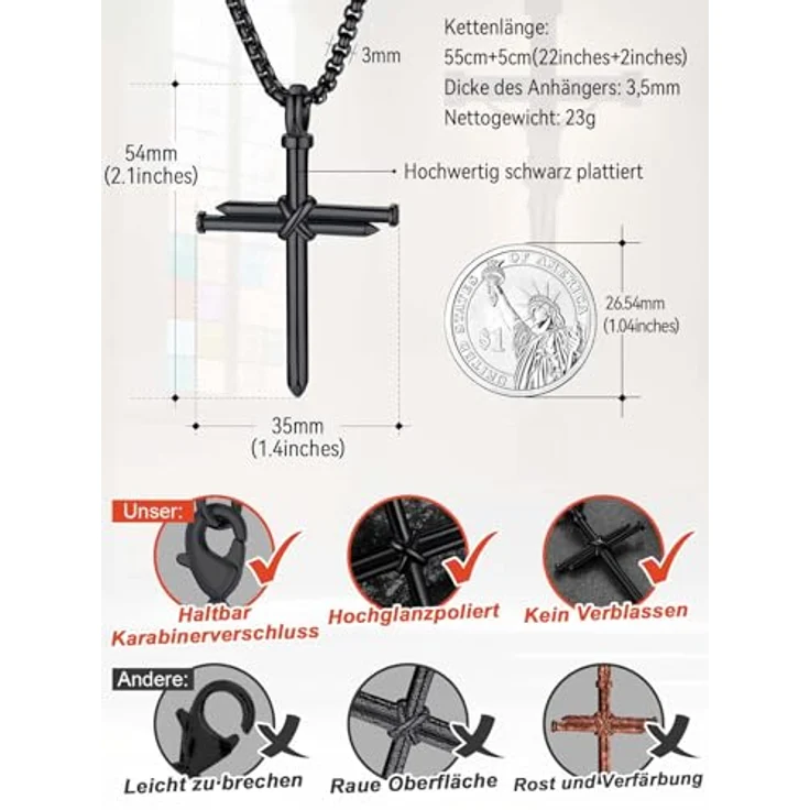 FaithHeart Kreuz Kette Herren 55CM, Edelstahl Venezianierkette mit Kreuz Anhänger in Schwarz, wasserdicht und hypoallergen – Bild 3
